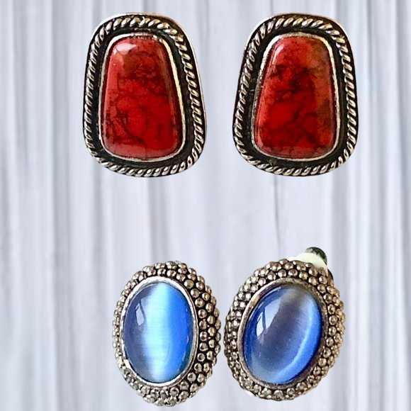 Vintage Earrings Silvertone and Faux Gemstones Screwback + Clip On 2 pairs - Picture 9 of 12